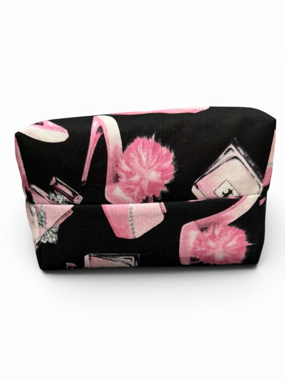 Hand Crafted Zippered Cosmetic Pouch Pink & Black with Purse Shoe Perfume Print - Picture 5 of 5